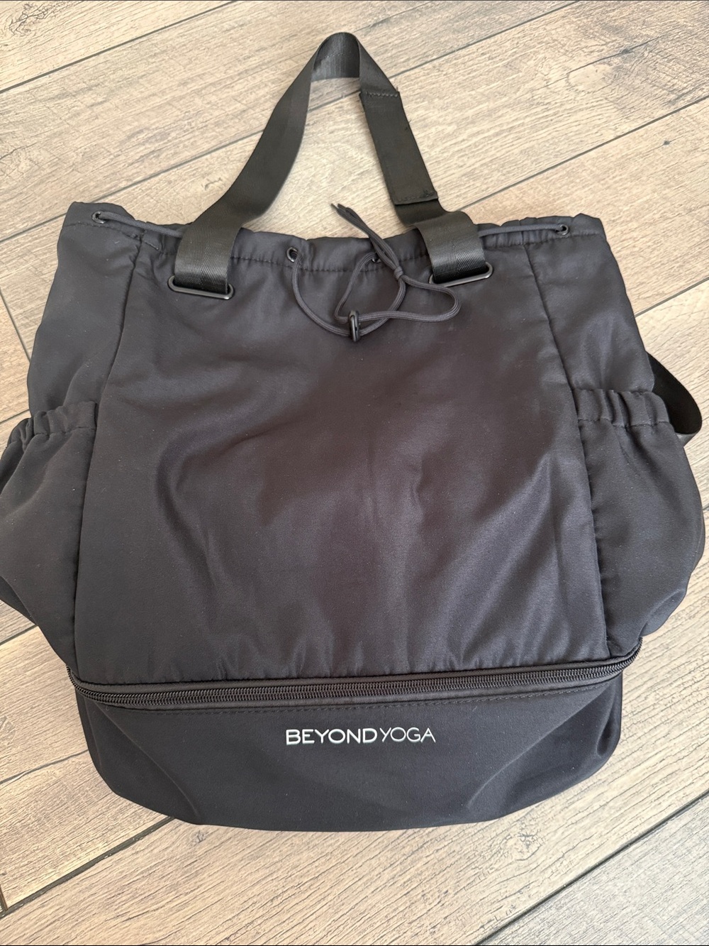 Beyond Yoga Black Drawstring & Backpack Nylon Tote with Front Zip Pocket